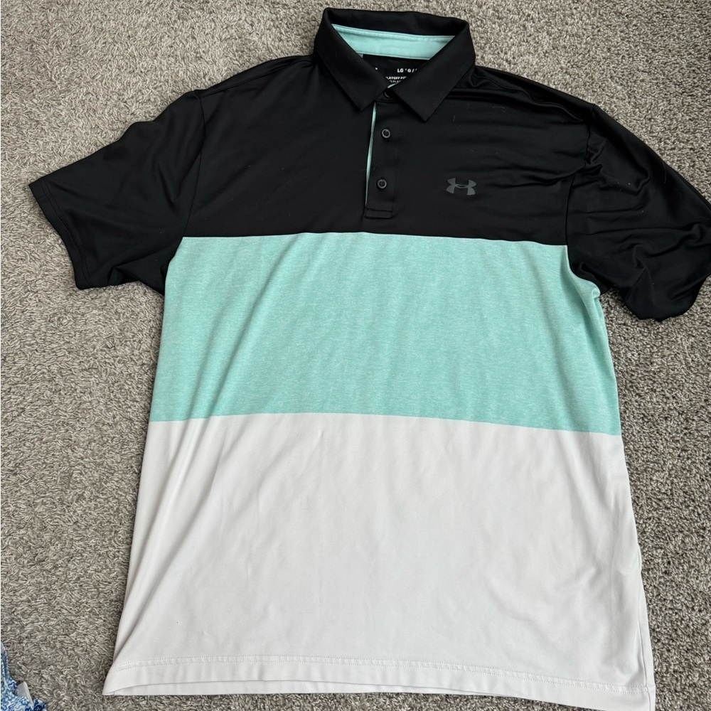 Under Armour Black and Green Polo Shirt Sporty Color Block Design